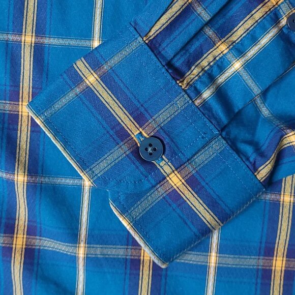 INDIAN TERRAIN Slim Fit Teal Plaid Cotton Tencel Long Sleeve Shirt Size Large - Picture 5 of 9